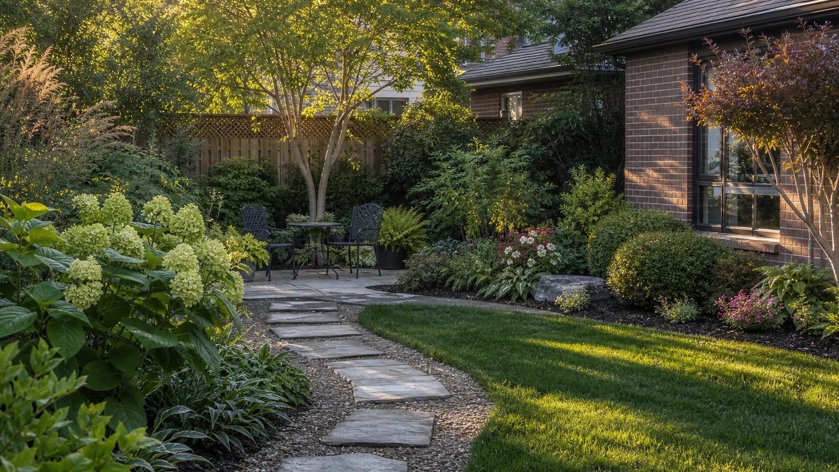Concept image of a Southwestern Ontario garden path leading to a modest seating area at late afternoon