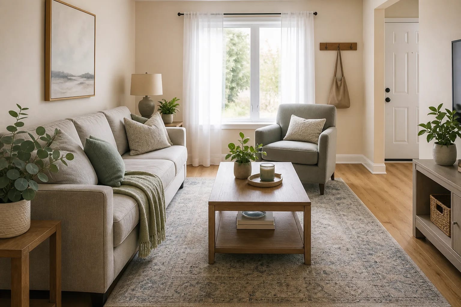 Calm, clean living room with warm natural light