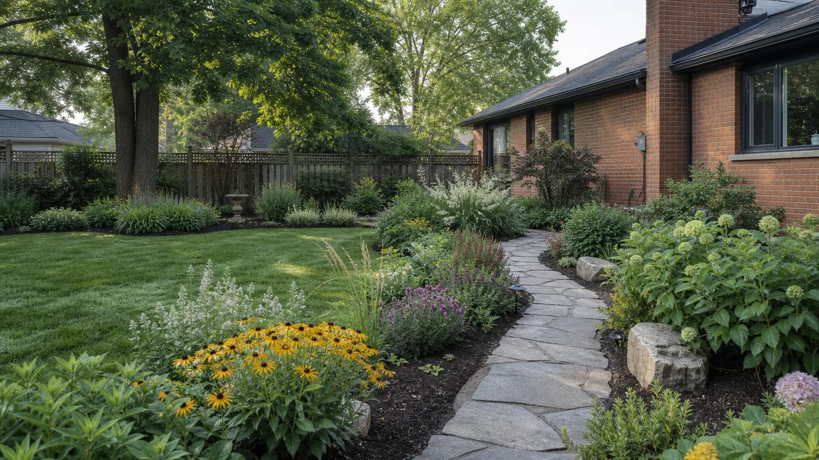 Concept image of a Southwestern Ontario backyard with layered garden beds, lawn and a limestone path