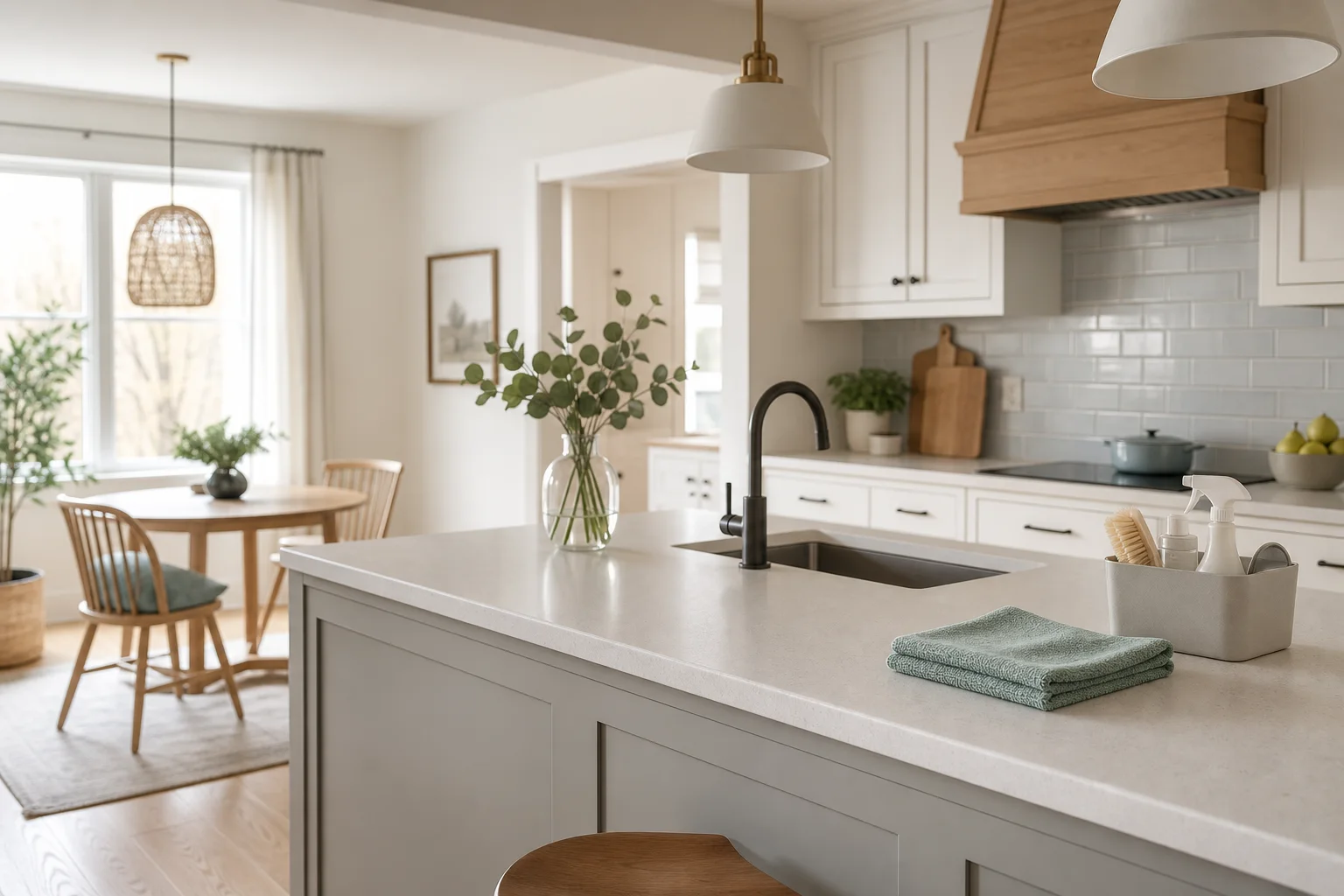 Bright residential kitchen prepared after cleaning