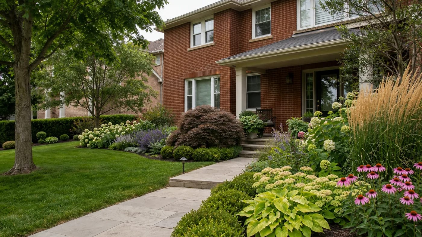 Concept image of an attainable London-area front garden with lawn, planting and a limestone path