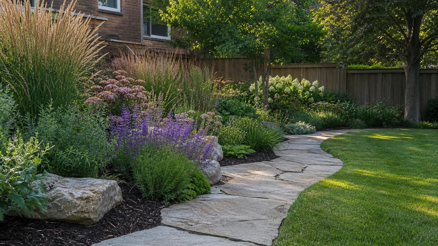 Concept image of layered perennial planting beside lawn and a curving limestone garden path