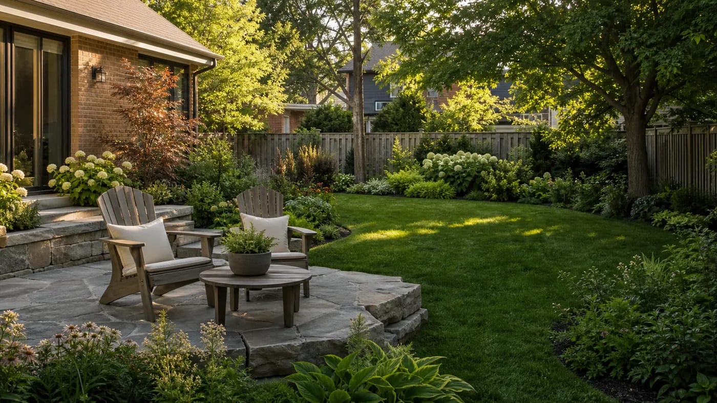 Concept image of a modest garden seating area beside healthy planting and lawn