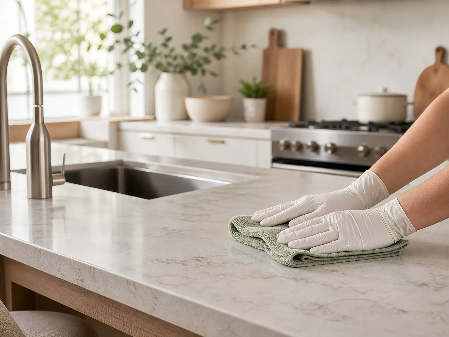 Gloved hands wiping a kitchen countertop beside a sink