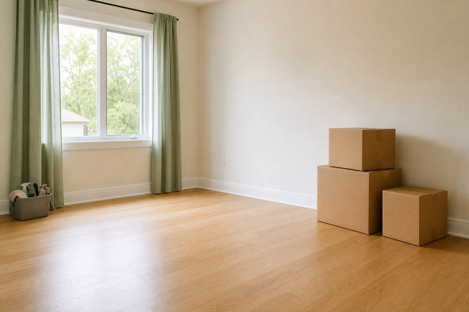 Bright empty room prepared for moving day with sealed boxes and a cleaning caddy