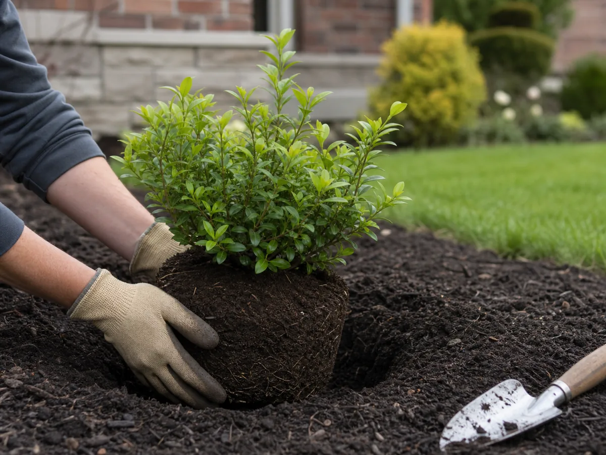 Concept image of gloved hands positioning a temperate shrub in a prepared garden bed