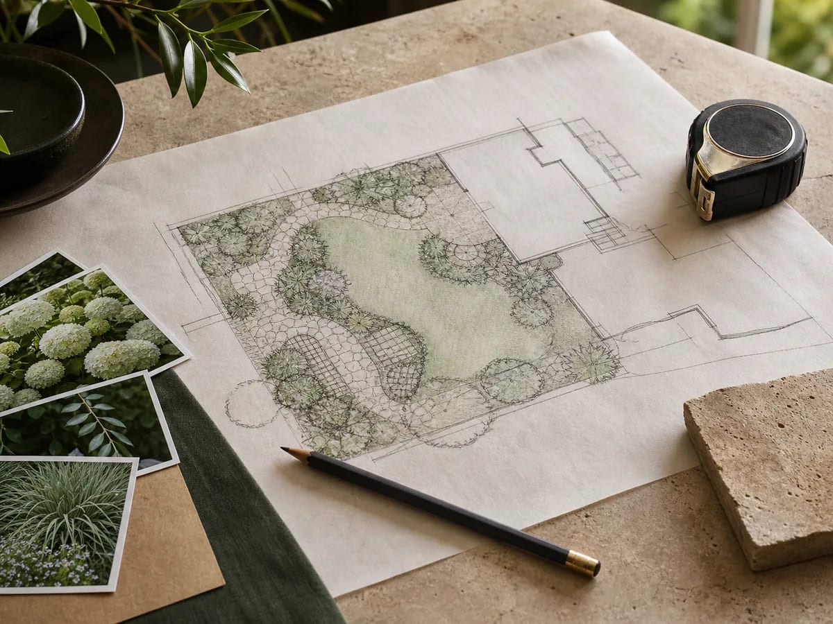 Concept image of an unlabeled garden plan with a pencil, measuring tape and plant reference cards