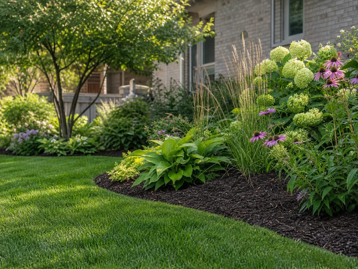 Concept image of a maintained lawn edge beside layered Southwestern Ontario garden planting