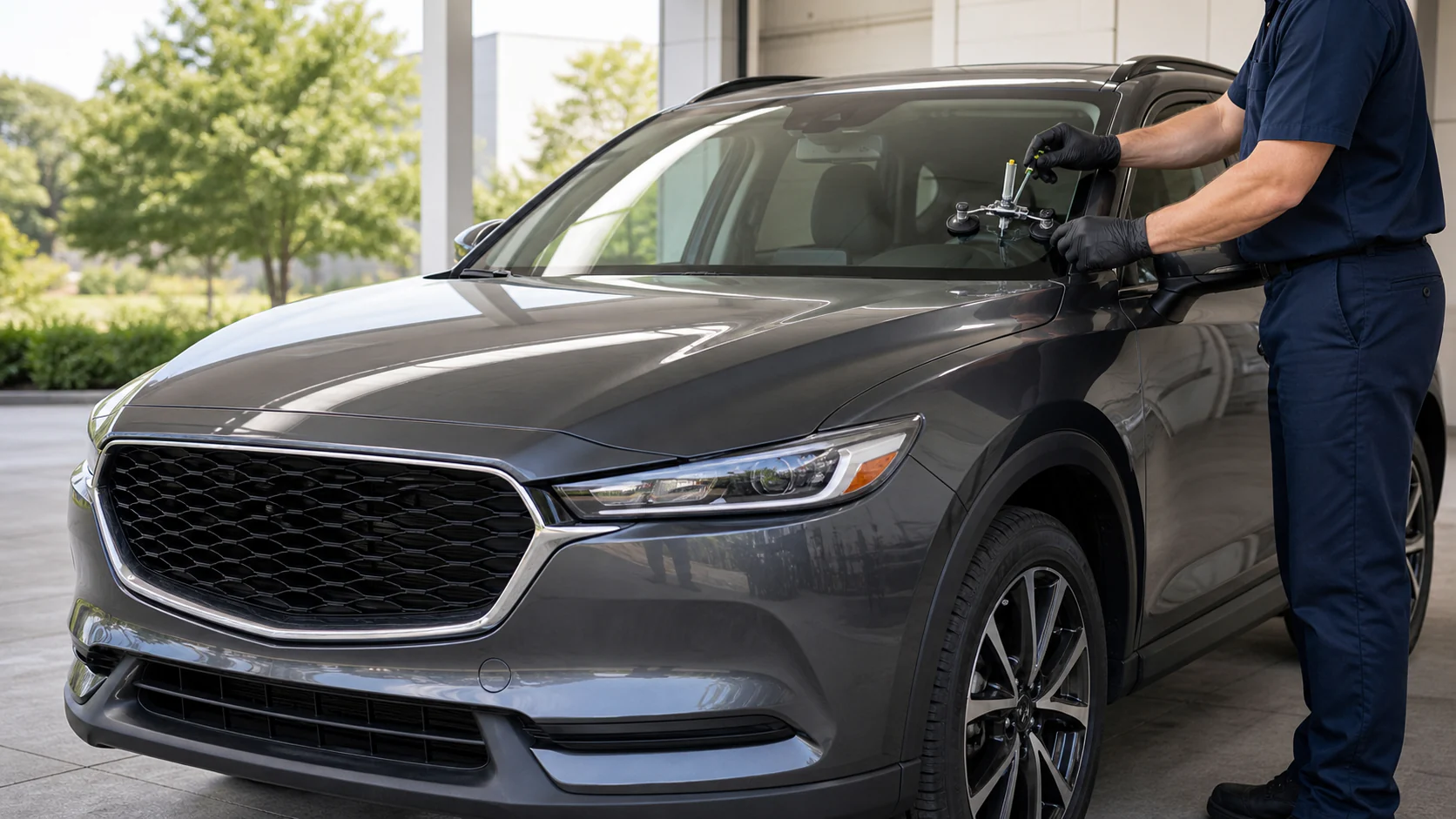 Gloved technician performing a stone-chip repair on a modern crossover windshield