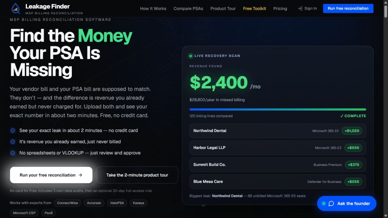 Leakage Finder homepage showing an MSP billing revenue recovery scan
