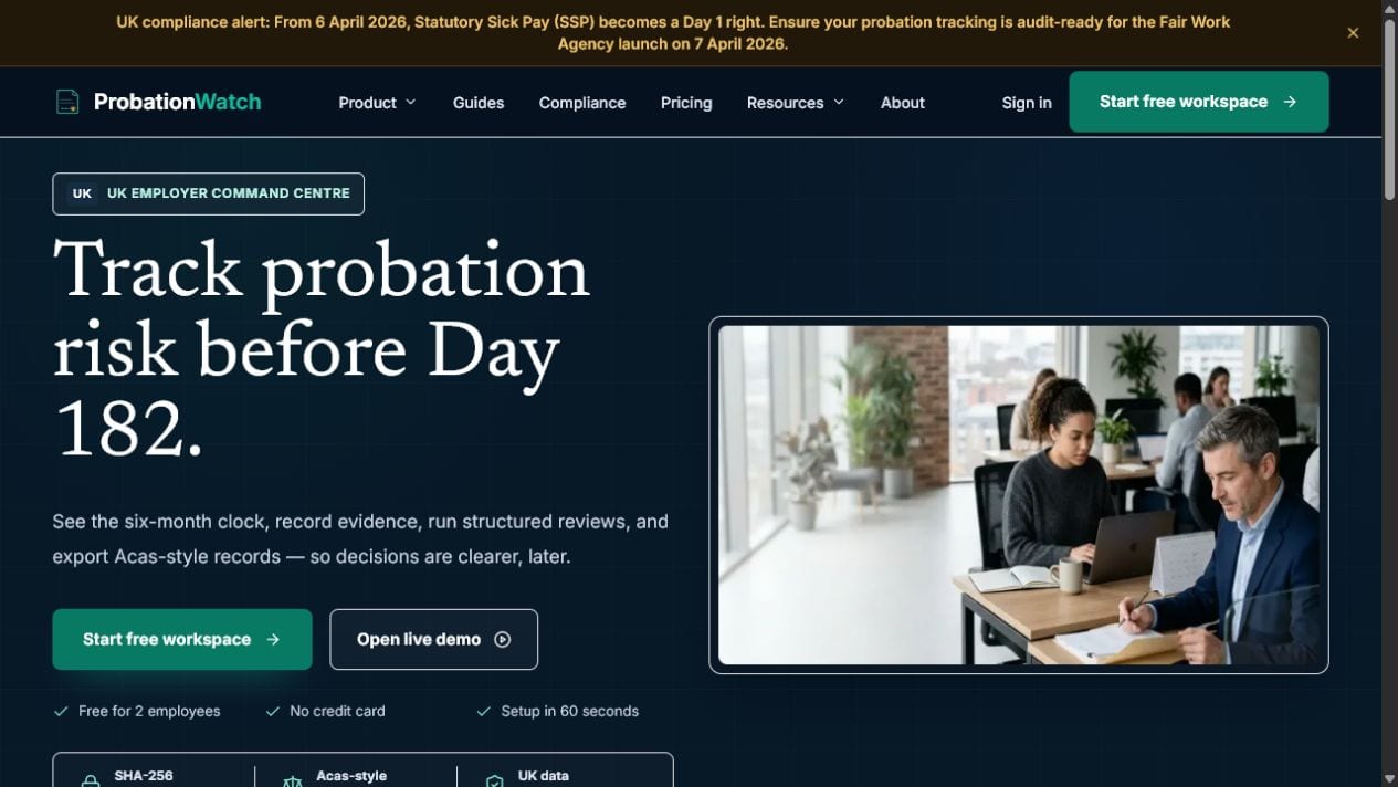 ProbationWatch homepage showing its Day 182 probation tracking interface