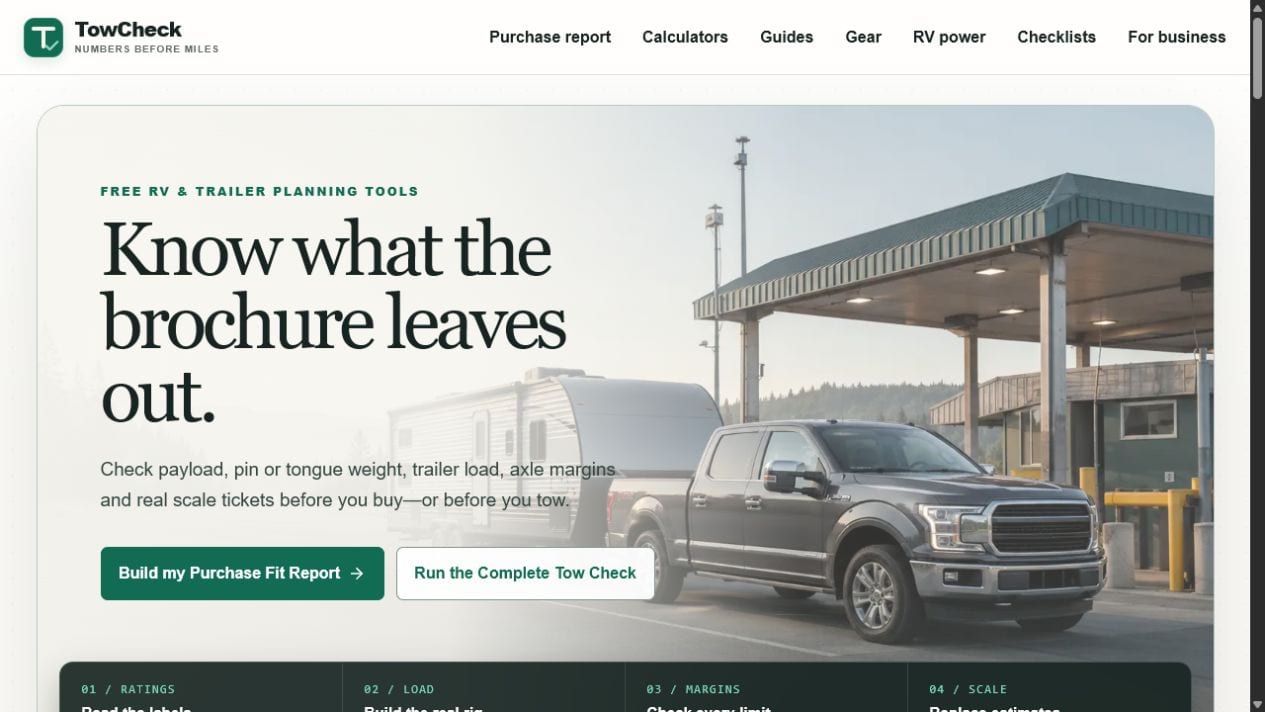 TowCheck homepage showing a pickup and travel trailer with towing calculator links