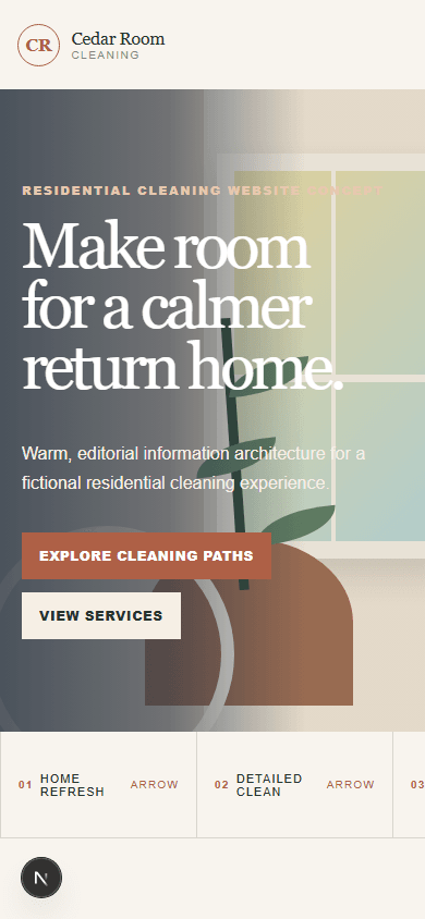 Mobile screenshot of the Residential Cleaning Website Concept showing its service selector and hero copy