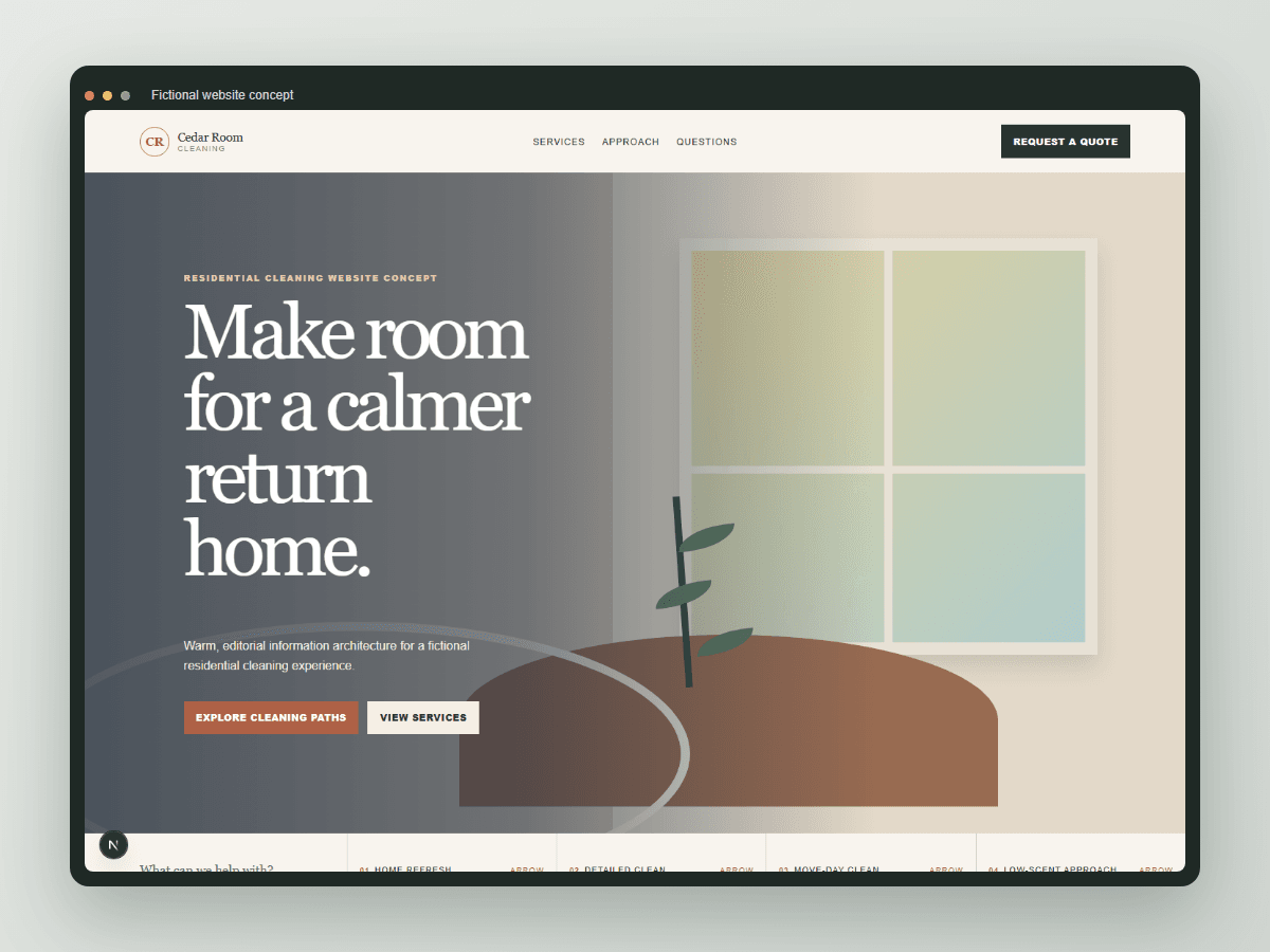 Abstract warm browser-frame preview for the Cedar Room Cleaning website concept