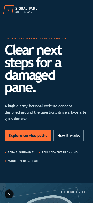 Mobile screenshot of the Auto Glass Service Website Concept showing its compact service introduction