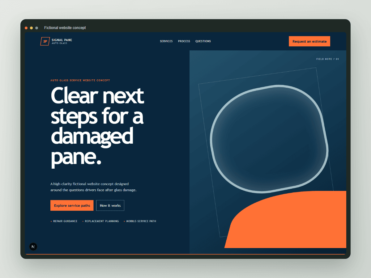 Abstract navy and orange browser-frame preview for the Signal Pane Auto Glass website concept