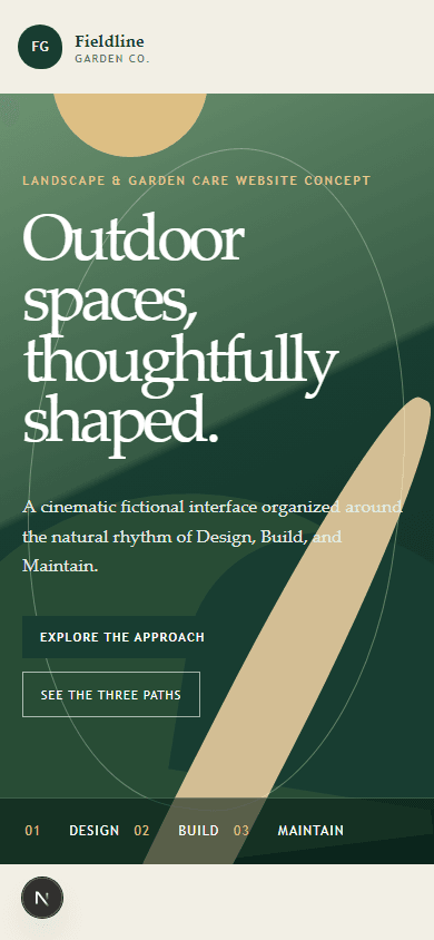 Mobile screenshot of the Landscape and Garden Care Website Concept showing its stacked service pathway