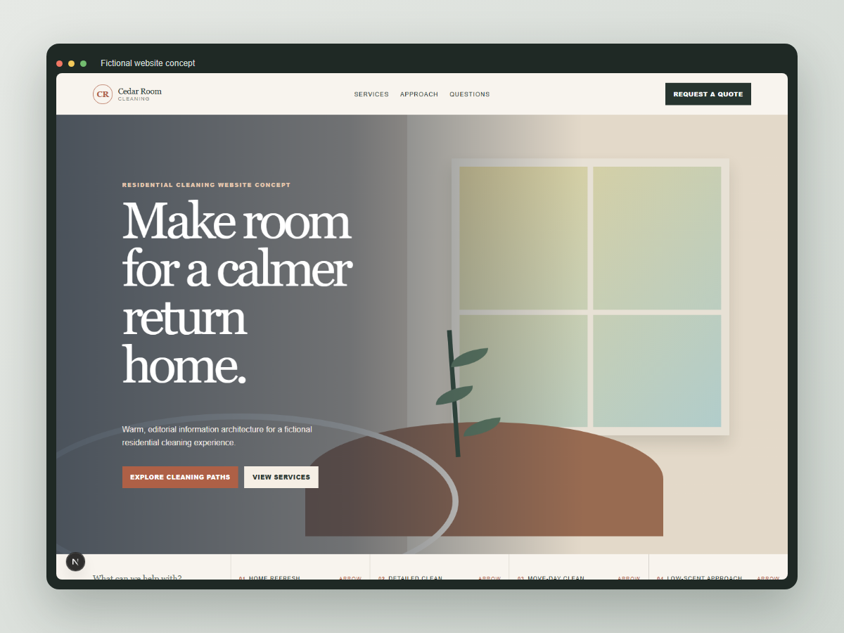 Abstract warm browser-frame preview for the Cedar Room Cleaning website concept