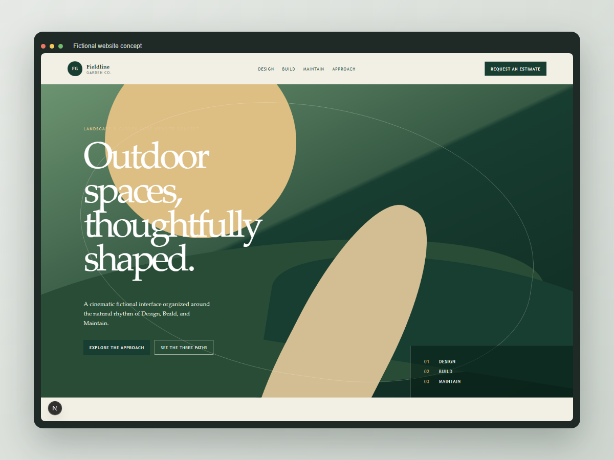 Abstract green browser-frame preview for the Fieldline Garden Co. website concept